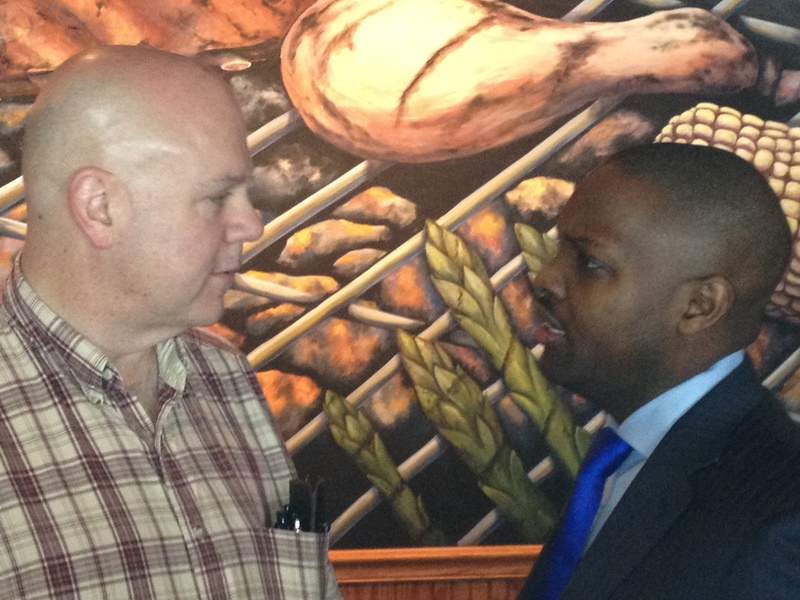 Sussex County Council District 5 candidate Bradley Connor, a Democrat from Dagsboro, made his first public appearance on March 6 at the Eastern Sussex County Democratic Club. Here he is, left, speaking with State Treasurer Chip Flowers, who made a brief appearance at the meeting but did not speak. BY CHRIS FLOOD